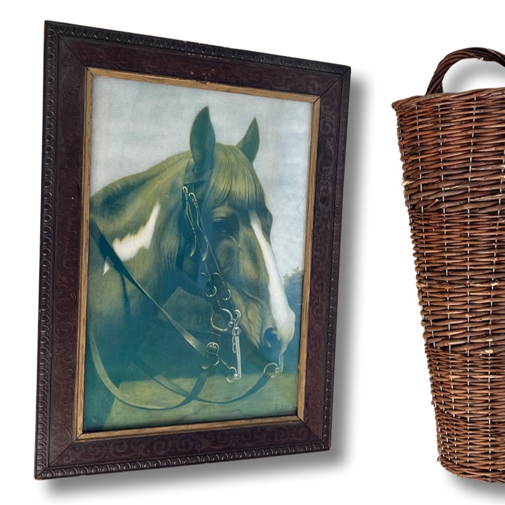 Horse Picture 1907 Antique Vintage Framed in Embossed Wooden Frame Equestrian